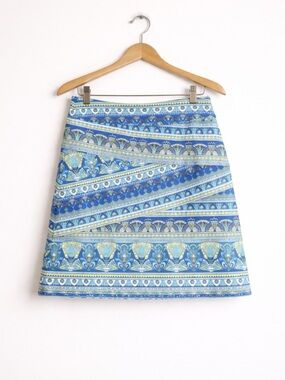 J McLaughlin Catalina Skirt Blue Green Tile Print Size Small Pull On Stretch